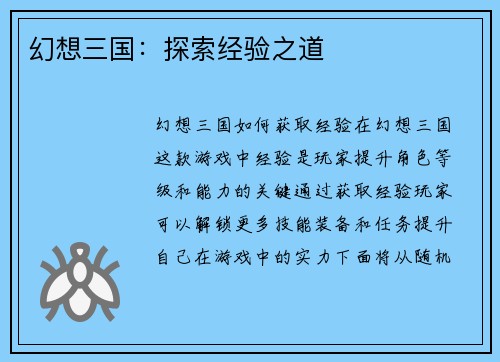 幻想三国：探索经验之道
