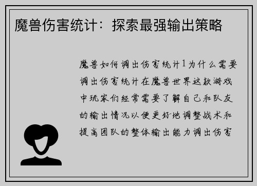 魔兽伤害统计：探索最强输出策略